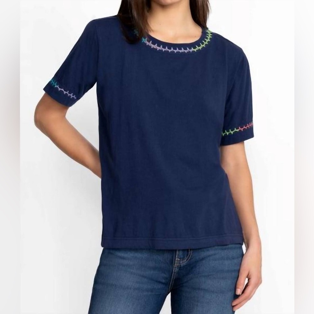 Johnny Was  Women’s Navy Blue CROCHET CREW NECK TEE Short Sleeve Size Medium*